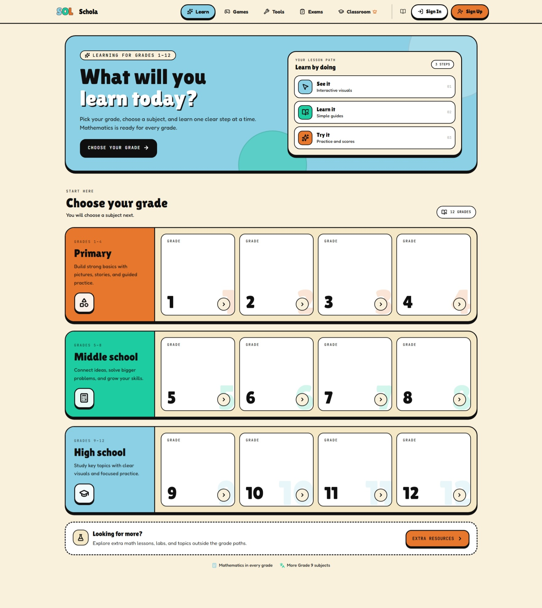 The Learn page, where you pick your grade