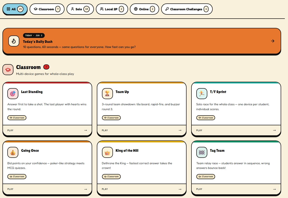 The Games page with the game list