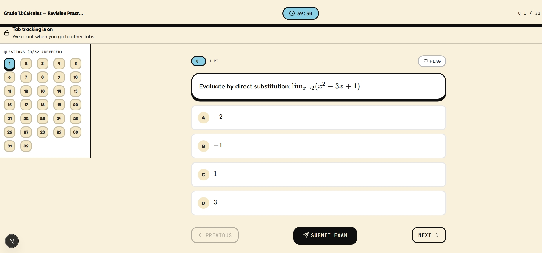 The Exams page